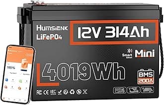 HumsiENK 12V 300Ah (314Ah) LiFePO4 Lithium Battery,Mini Size,200A BMS with Bluetooth,15000+ Deep Cycle 300Ah Lithium Rechargeable Battery,Max. 4019Wh Energy for RV, Marine and Off Grid Applications