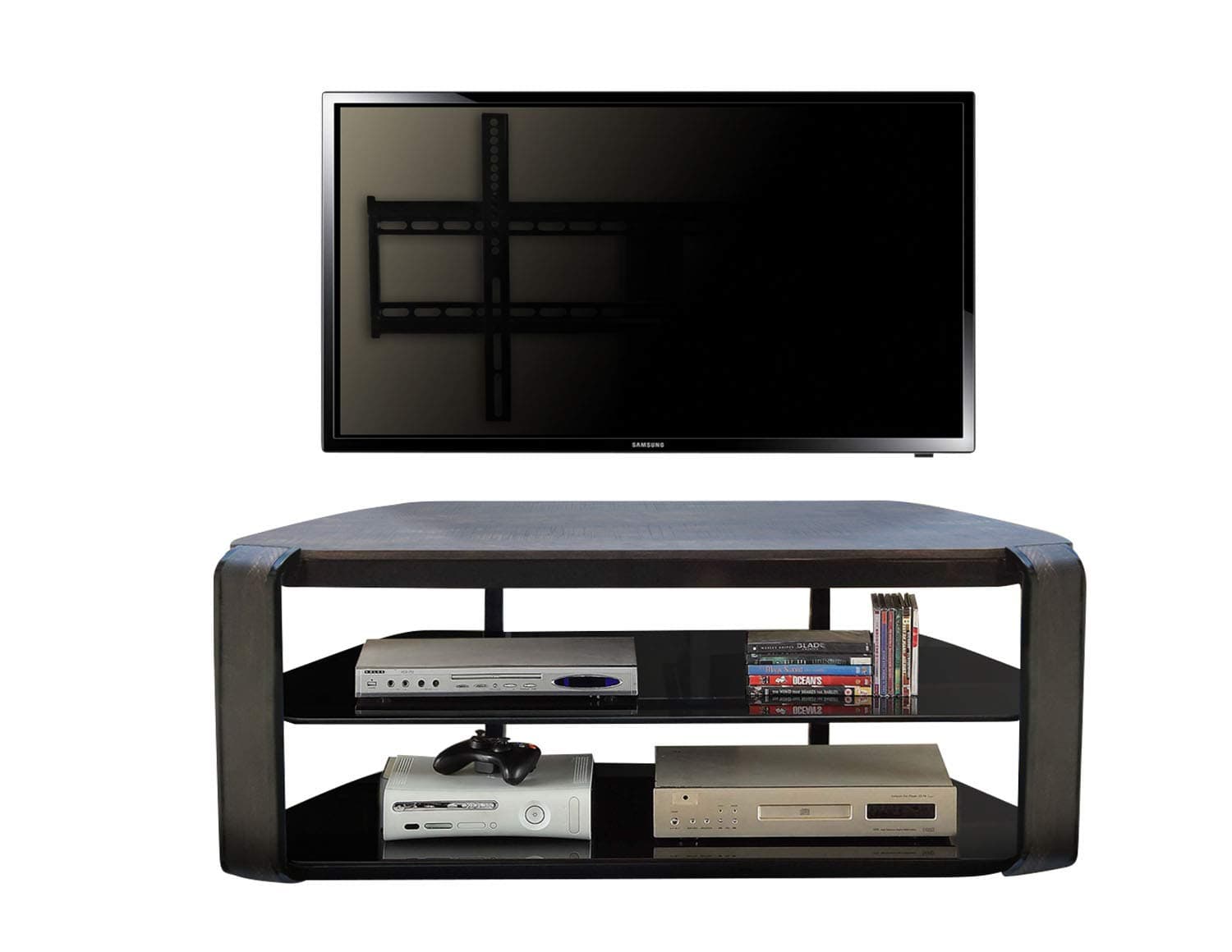 Fold N Snap Otis 55" No Tools Assembly wood top with 2 tempered black glass storage shelves for TVs up to 65 inches, Vintage Oak