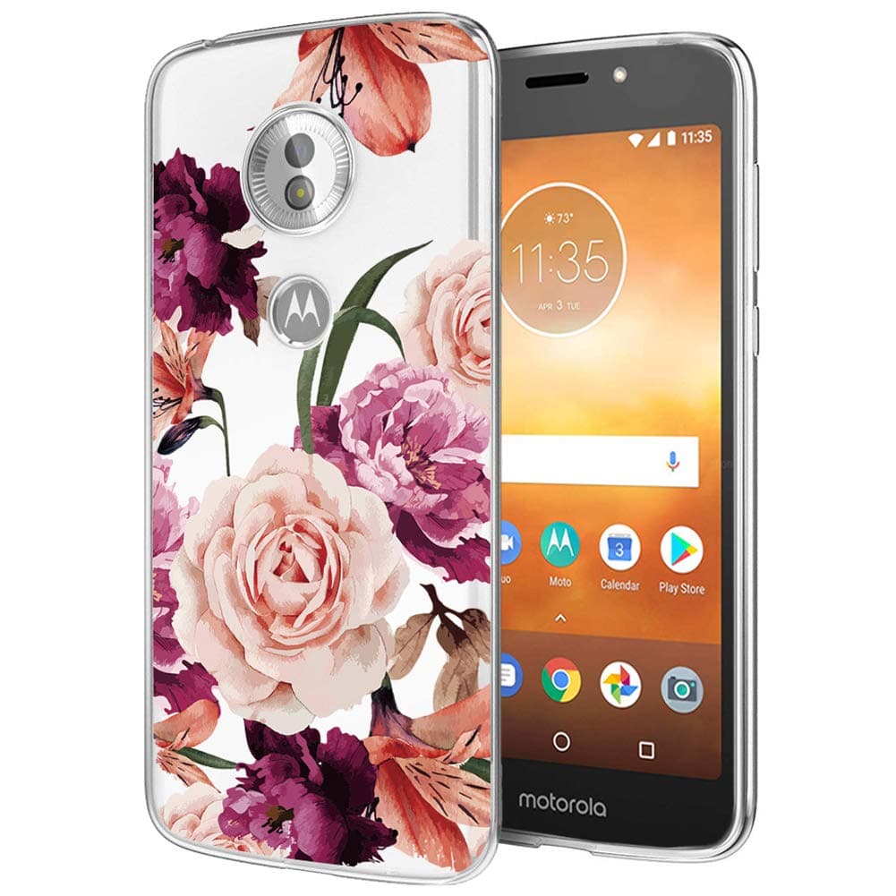 Sophmy Moto E5 Play Case, Clear Floral Pattern Soft Flexible TPU Back Phone Cover for Motorola Moto E5 Play (Purple Flower)