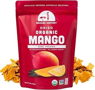 Mavuno Harvest Mango Dried Fruit Snacks | Unsweetened Organic Dried Mango Slices | Gluten Free Healthy Snacks for Kids and Adults | Vegan, Non GMO, Direct Trade | 1 Pound Resealable Bag