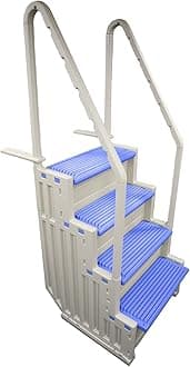 Step-1X Above Ground Pool Entry System – Dual Handrails, Slip-Resistant Steps, Supports 400 lbs, Easy Installation, Warm Grey with Blue Treads, Made in USA