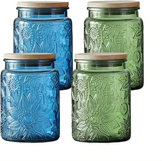 ANSQU 4-Pack Vintage Glass Jars with Airtight Lids, 23.7oz Glass Food Storage Containers for Kitchen Pantry Coffee, Tea, Candy, Cookie, Decorative Mason Jar (Blue&Green)