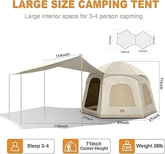 Inflatable Tents for Camping, Blow Up Tent with Hand Pump, 3-4 Person Air Glamping Tent with Canopy, Easy Setup 4 Season Waterproof Windproof Outdoor Glamping House