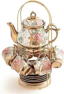 CHANJOON Gold Plated Red Rose Ceramic Tea Set, Vintage Teapot, Beautiful Tea Set Coffee Serving 6 People (Golden, large)