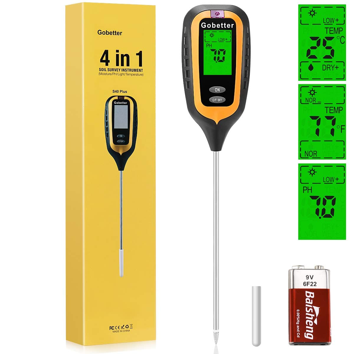 4 in 1 Soil Moisture Meter, Gobetter Soil pH Meter, Test Kit for Plant Hygrometer/pH/Light/Temperature (Battery Included) (4 in 1)