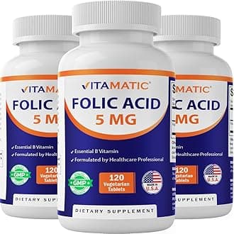 Folic Acid 5mg (5000 mcg) – 120 Vegetarian Tablets per Bottle – Vitamin B9 (Folate) – 3-Pack | Total 360 Tablets