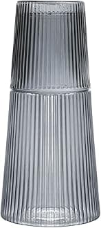 Simple Vertical Stripes Glass Bedside Night Water Carafe with Tumbler Glass, Pitcher and Cup Set - Gray