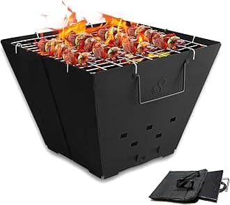 Portable Fire Pit for Camping, Collapsible Outdoor Pit, Folding with Carry Bag, Iron Bowl Picnics, Bonfire, Patio, Backyard and Garden - Top Grill, Black (FP-01)
