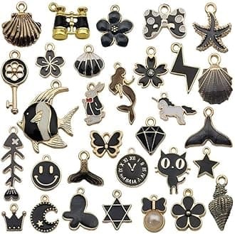 Street27® 1 Set 31pcs DIY Mixed Assorted Gold Plated Enamel Charm Unicorn Flower Dress Fish Shell Moon Star Animals Pendant DIY for Necklace Bracelet Jewelry Making and Crafting Charms