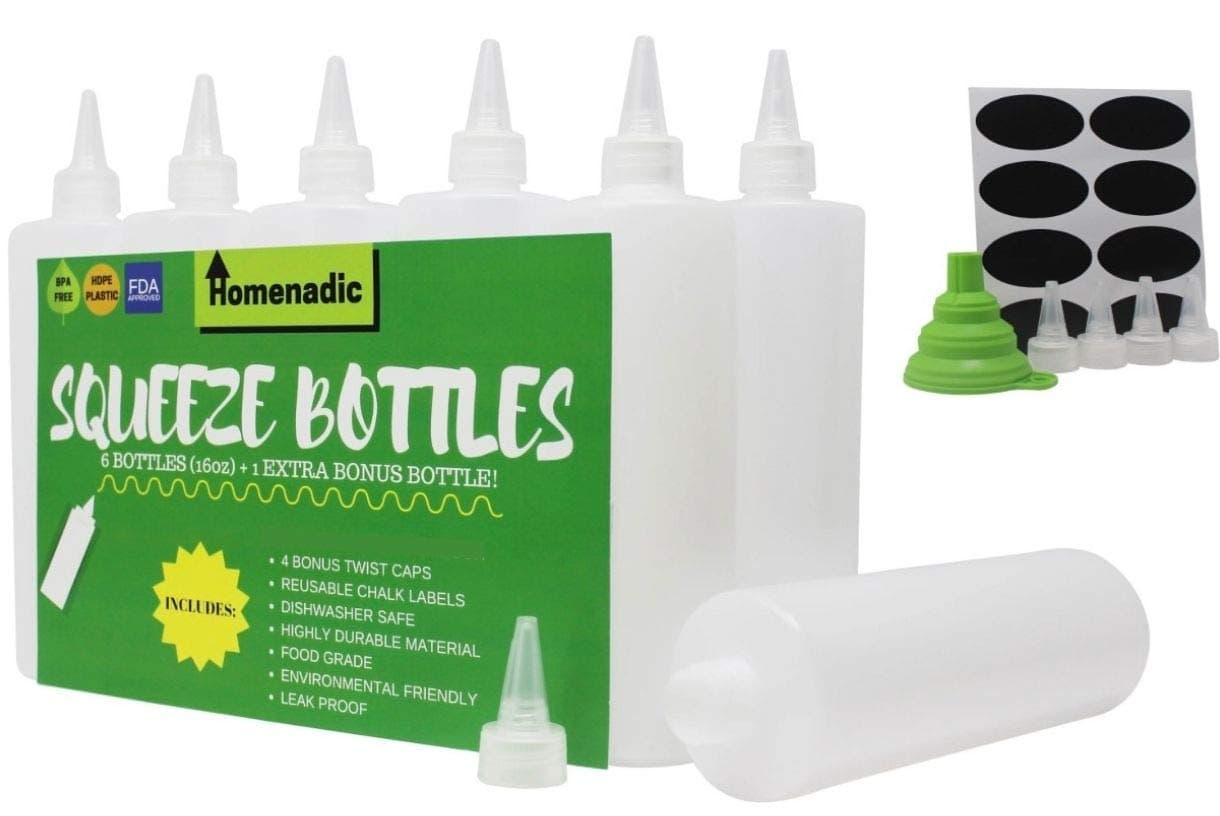 7-Pack Plastic Squirt Squeeze Bottle (16 Ounce) - For Condiments, Ketchup, Sauces, Cookie Decorating, Arts & Crafts - Includes 4 Twist Caps, 1 Funnel & 8 Labels - BPA Free & Leak Proof