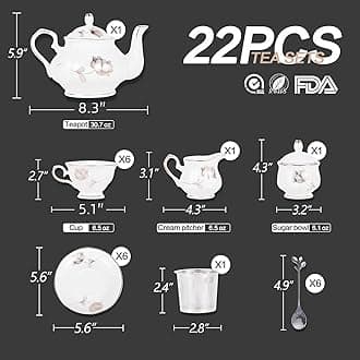 CHENP.HMC 15-Piece Porcelain Ceramic Tea Gift Sets, Cups& Saucer Service for 6, Teapot, Sugar Bowl and Creamer Pitcher