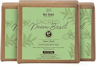 Nat Habit Cold Processed Sacred Neem-Basil Butter Bath Soap- Antibacterial For Soothing, Skin Wellness, Scar Reduction, Exfoliation & Tan Removal | Pack of 3 X 125g