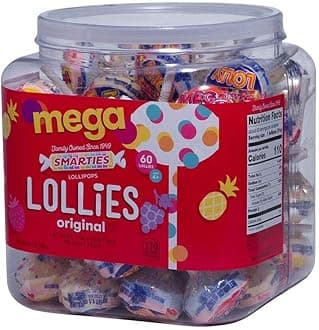 Smarties Lollies Mega - Gluten Free, Peanut Free, Fat Free Assorted Fruity Flavors Lollipops - Perfect for Birthdays, Parties - Made by US Candy Company Since 1949-64oz, 60 Count Jar (Pack of 1)