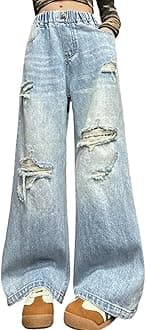 NABER Kids Girls Elastic Waist Cool Ripped Jeans Washed Denim Wide Leg Ripped Denim Jean Age 5-15 Years