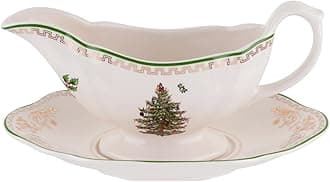Christmas Tree Gold 10 Oz Gravy Boat and Stand - Elegant Christmas Porcelain Sauce Boat, 22K Gold Accents, Luxurious Holiday Serveware for Gravy, Sauces, Festive Gatherings, Dishwasher Safe