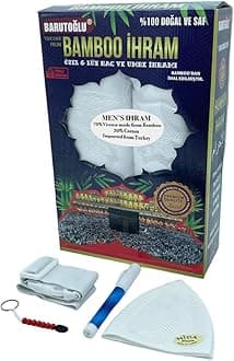 Modefa Islamic Men's Ihram Set for Hajj Umrah - 1 Set of 2 Pieces - Ehram Ahram Seamless Viscose from Bamboo + Cotton Towels 110 x 220cm (Combo: 5 Piece)