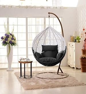 Blissful Backyards India Single Seater Swing Chair with Stand & Cushion Outdoor Indoor Balcony Garden Patio,Powder Coated Frame,UV Protected Wicker,Premium Cushion AF_in_016