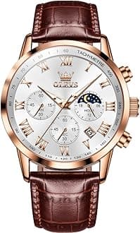 OLEVS Men's Wrist Watch, Waterproof, Analog, Quartz, Lightweight, Brown Leather Strap, Father's Day Gift, Gentleman, Date, Week Day, Braun