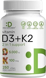 DEAL SUPPLEMENT Vitamin D3 K2 Softgel, 250* Count, 2-1 Complex, Vitamin D3 5000 IU & Vitamin K2 MK7, Promotes Heart, Bone & Teeth Health – Very Easy to Swallow