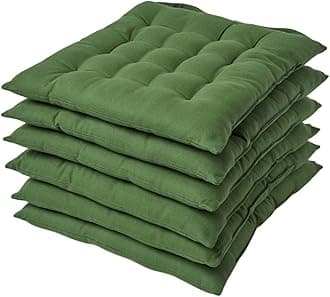 HOMESCAPES Dark Olive Green Seat Pads for Dining Chair, Set of 6 100% Cotton Chair Pads with Straps, 40x40 cm