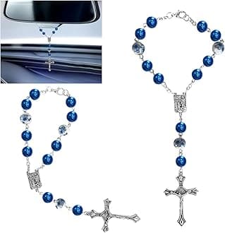 Smilfuy 2Pcs Car Rosary For Rearview Mirror, Catholic Blue Ceramic Beads Interior Rear View Mirror Charm Auto Decors, Medal And Cross Hanging Accessories Women Men (Ceramic)