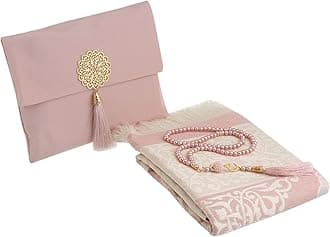 Prien Muslim Prayer Rug with Tasbih and Portable Bag, Muslim Gift for Women Men, Mubarak Islamic Box, Soft Mat Islam Gifts Set, Turkish Sajadah for Ramadan, Eid, Hajj, Travel, Pray (Powder Pink)