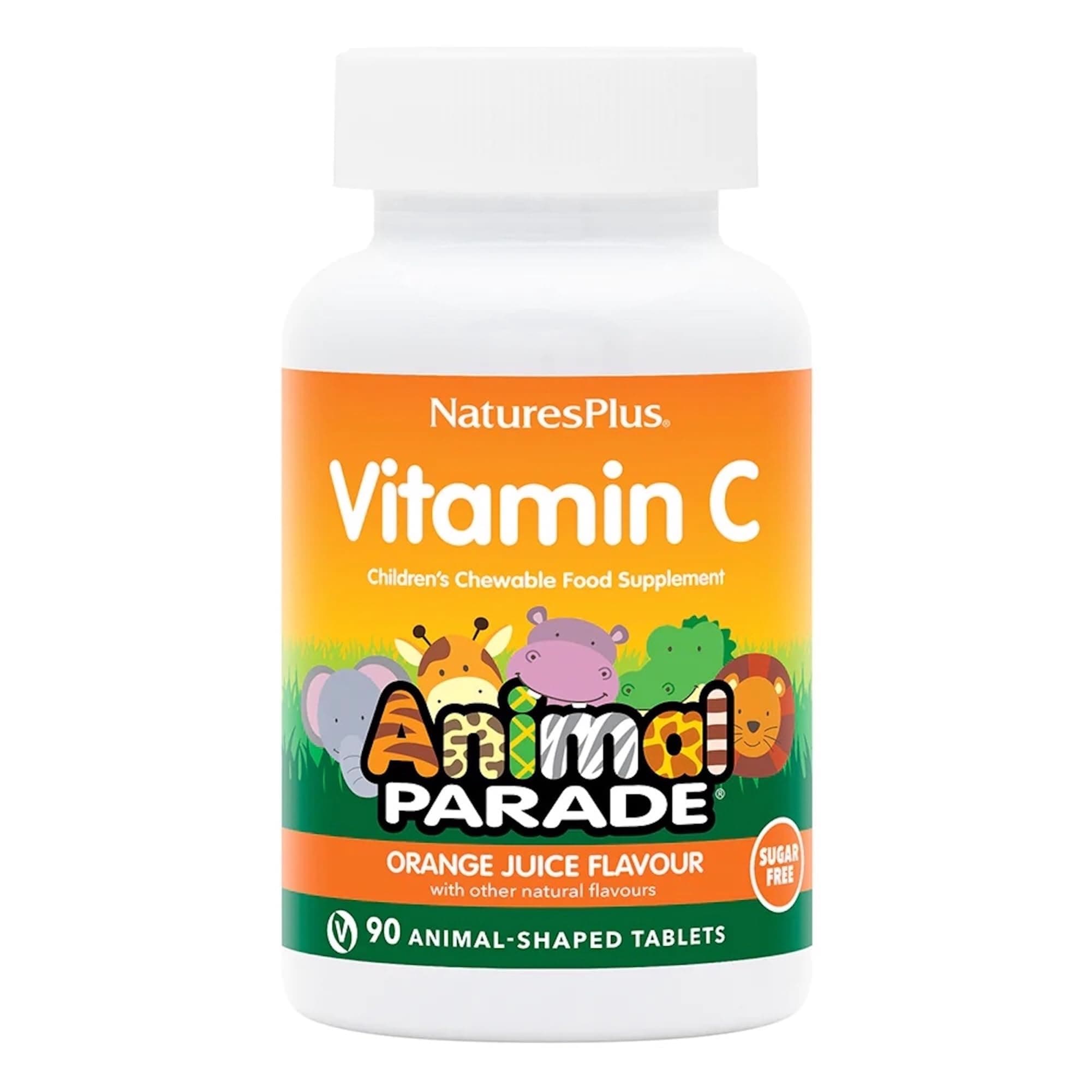 NaturesPlus Animal Parade Sugar-Free Children's Vitamin C Supplement, Natural Orange Flavour - Immune Support and More - Vegan, Gluten Free - 90 Chewable Animal Shaped Tablets