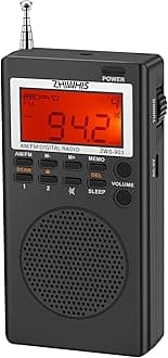 Portable Radio, AM FM Stereo Receiver, DSP Small Pocket Radios Operated by AA Batteries, Digital Clock/Presets/Start Timer/Sleep Timer for Walking/Running ZWS-903