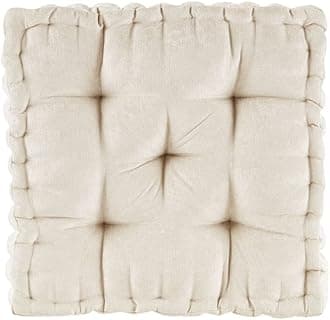Azza Floor Pillow, Large Cushions Sitting for Adults, Floor Pillow for Meditation or Yoga, Lustrous Chenille Tufted with Scalloped Edges for Bench/Chair Cushion, 20"x20"x5" Ivory