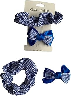 Gingham Hair Accessories for School Alice Band Slim Headband Scrunchy Clips (Royal Blue 4 piece Gingham Clips and Scrunchies School Hair Set)