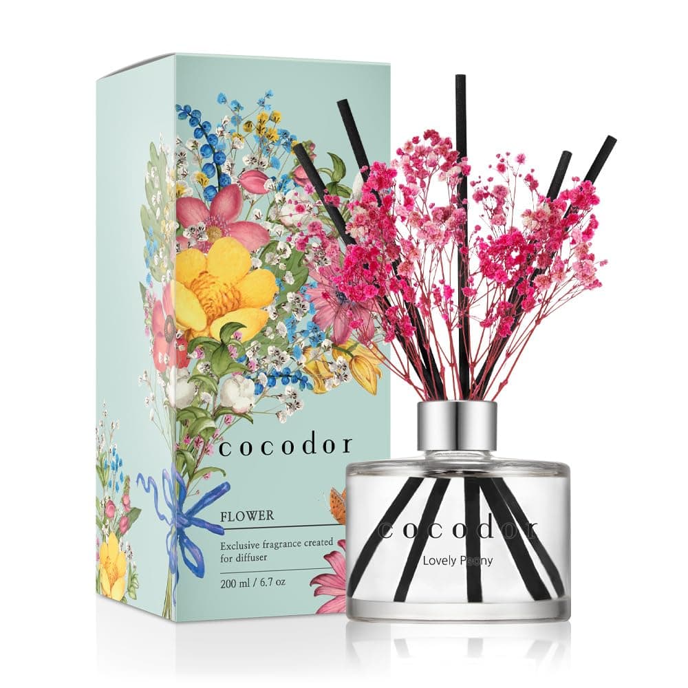 – [COCODOR/Lovely Peony Flower Reed diffusers Oil with a Set of 5 Fiber Sticks, 200ml, Best for Home, Kitchen, Bathroom. Diffusers with sticks