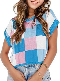 Girls Spring Crop Tops 2026 Summer Sweaters Cute Cap Sleeve Colorblock Loose Teen Top School Picture Outfits