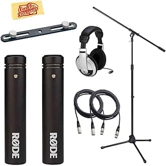 Rode M5 Matched Pair of Compact 1/2-Inch Condenser Microphones Bundle with Mic Stand, Stereo Bar, Headphones, 2 Mic Cables, 2 Mic Clips, 2 Windscreens, and Polishing Cloth