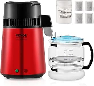 VEVOR Water Distiller, 4L 1.05 Gallon Pure Water Purifier Filter for Home Countertop, 750W Distilled Water Maker, Stainless Steel Interior Distiller Water Making Machine to Make Clean Water, Red