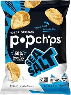 Popchips Potato Chips, Sea Salt, 12ct Single Serve 0.8oz Bags, Low-Calorie and Gluten Free, Salty Snacks for Adults and Children, Non-GMO, Vegan & Kosher Friendly, 100 Calories Per Bag