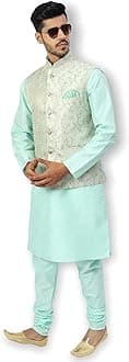 Uri and MacKenzie Men's Silk Blend Regular Kurta Churidar Pyjama with Bundi Nehru Jacket/Waistcoat