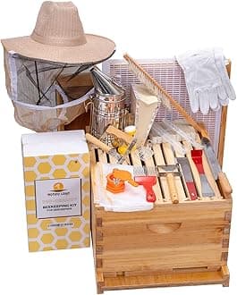 Honey Lake 10 Frame Beehive Starter Kit and Beekeeping Supplies Tool Kit, Beeswax Coated Assembled Deep Bee Box, Bee Hive Starter Kit with Beehive Frames & Bee Smoker and Beekeeping Hat with Veil