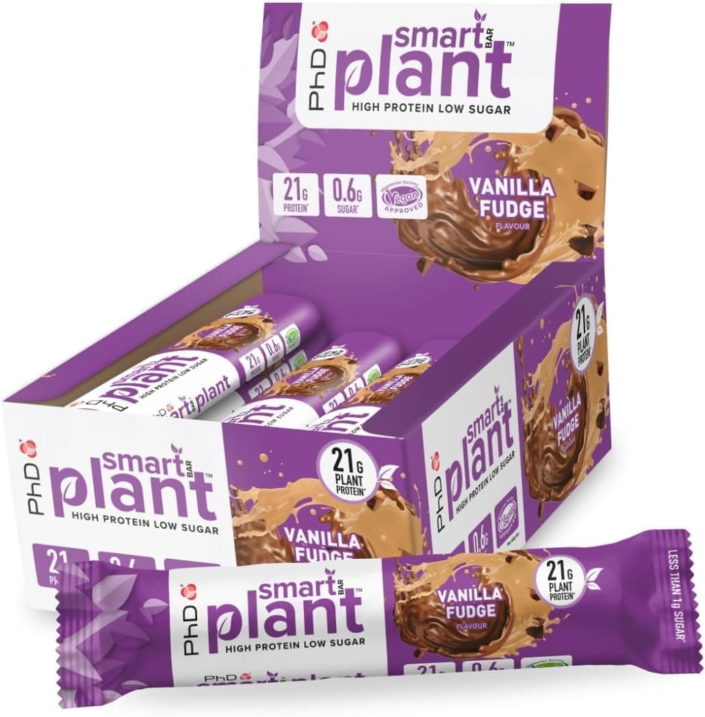 PhD Nutrition Smart Plant Based Protein Bars - 20g Protein, Low Sugar, Great Tasting Vegan Protein Bars, High Protein Snacks & Healthy Snacks with Plant Protein, Vanilla Fudge Flavour, 64g, 12 Pack