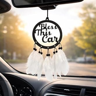 M H Villa Bless This Car Hanging Dream Catcher for Stylish Car Decoration Items Interior, Handmade Boho Charm Car Hanging Accessories Interior, Feathered Ornament Car Mirror Hanging Gift