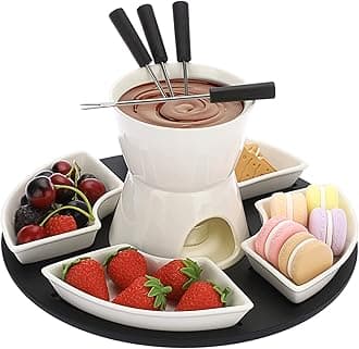 BSTKEY White Ceramic Chocolate Fondue Pot Set Cheese Ice Cream Warmer, 300ml Butter Fondue Set Tea Light Candle Fondue Pot with Wooden Pallet and 4 Forks and 4 Dishes