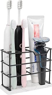 HarJue Toothbrush Holder, Luxurious Metal Toothbrush Toothpaste Holder for Bathroom, Multi-Slots Openwork Design, Bathroom Accessory for Storage and Organizer (Marble Base -5 Slots, Black)