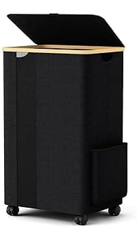 BlissTotes Laundry Basket Laundry Hamper with Lid, Collapsible Slim Laundry Hampers, Laundry Bin, Clothes Hamper Basket with Internal Support & Wheels & Handles for Bathroom, Bedroom (75L, Black)