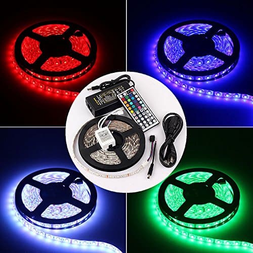 LED RGB Strip Light, Kshioe 16.4FT 5M Flexible Dimmable Led Strips Kit with MINI 44-key IR Controller (Color Changing, Waterproof, SMD5050 300 LEDs, 12V 5A Power Supply) Adhesive Light