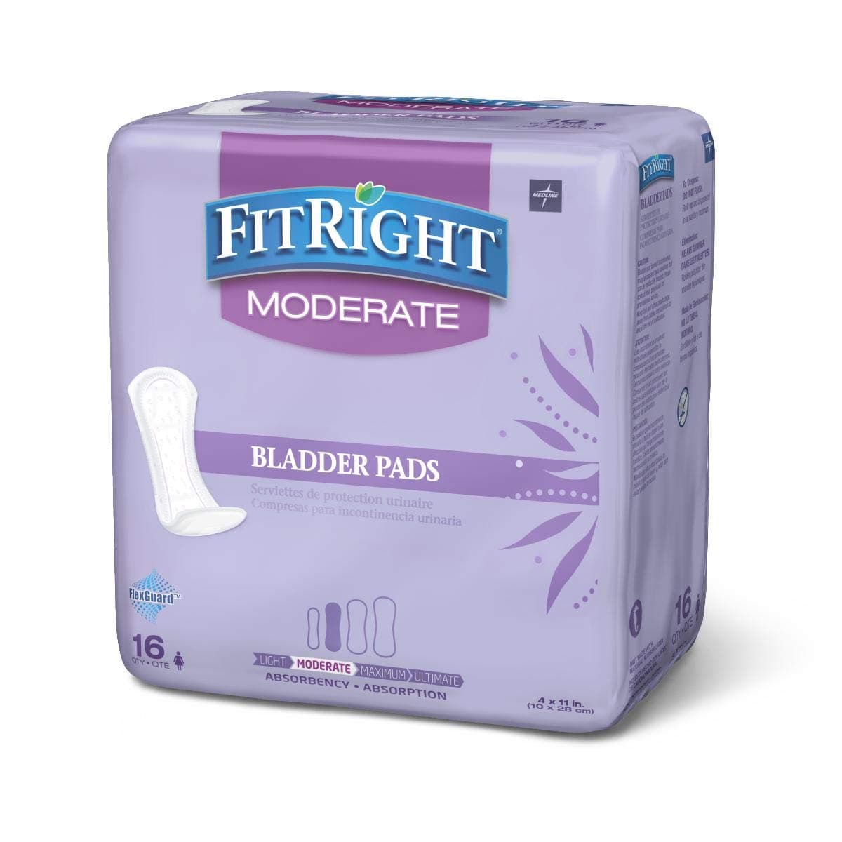 FitRight Incontinence Bladder Control Pads, Moderate Absorbency, 4.3" x 11", 16 Count (Pack of 12)