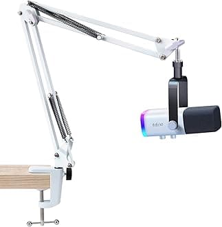 White Boom Arm for Fifine AM8 - Mic Arm Compatible With Fifine Microphone, 3/8" to 5/8" Screw Adapter Clip, Desk Clamp Included