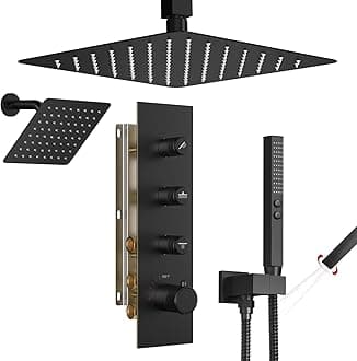 Thermostatic Shower System,Shower Faucet Set,12 Inch Ceiling Mounted and 6 Inch Wall Mount Rain Shower Head with 2 in 1 Handhled,Push Button Diverter Dual Shower Head Combo Set Matte Black
