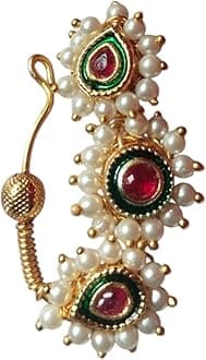 ArtNestCrafted Golden Brass | Maharashtrian Pearl Nose Ring Or Nathiya | Traditional Indian Bridal Jewelry | Hypoallergenic Ethnic Nose Pin (N24)