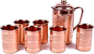 Brown Color Copper Jug - 2000 ml and 6 Glass Sets (400 ml Each)