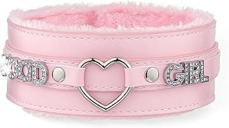 Pink Furry Heart O-ring Leather Choker Collar For Women, Handmade Punk Gothic Letter Necklace Adjustable Fashion Jewelry