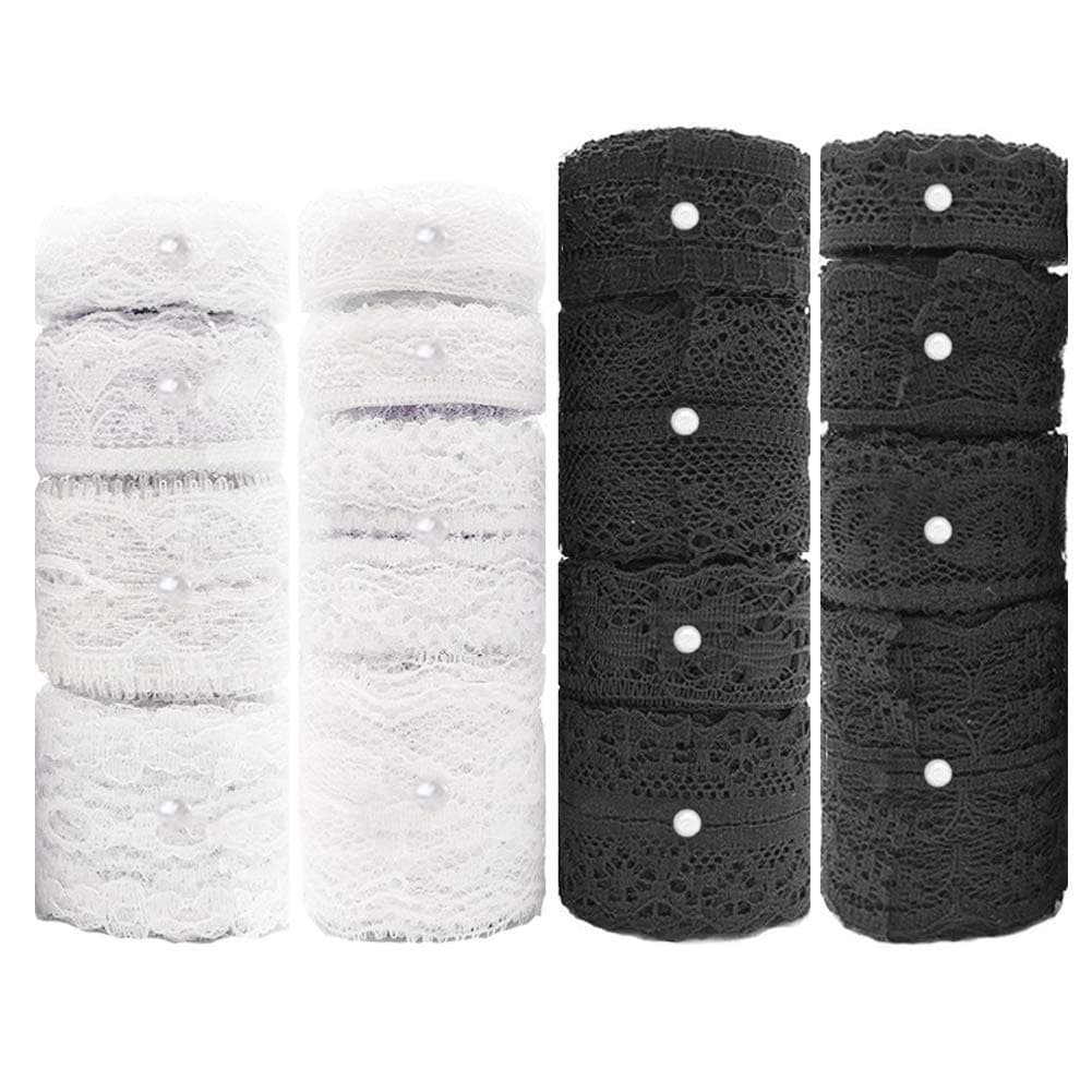 Black White Lace Trim 16 Rolls 52.8 Yard, Assorted Vintage Patterns Cream Lace Ribbon Used for DIY Crafts Decorations and Sewing Meganeopre